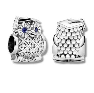 PANDORA Graduation Owl Silver Charm With Swiss Blue Crystals & Cubic Zirconias